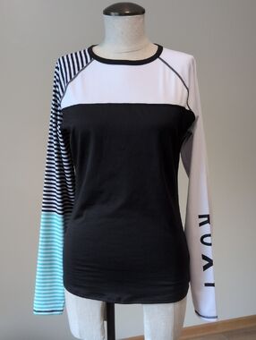 Lg Roxy Black White Long Sleeve Colorblock with Turquoise Stripe Swim Shirt
